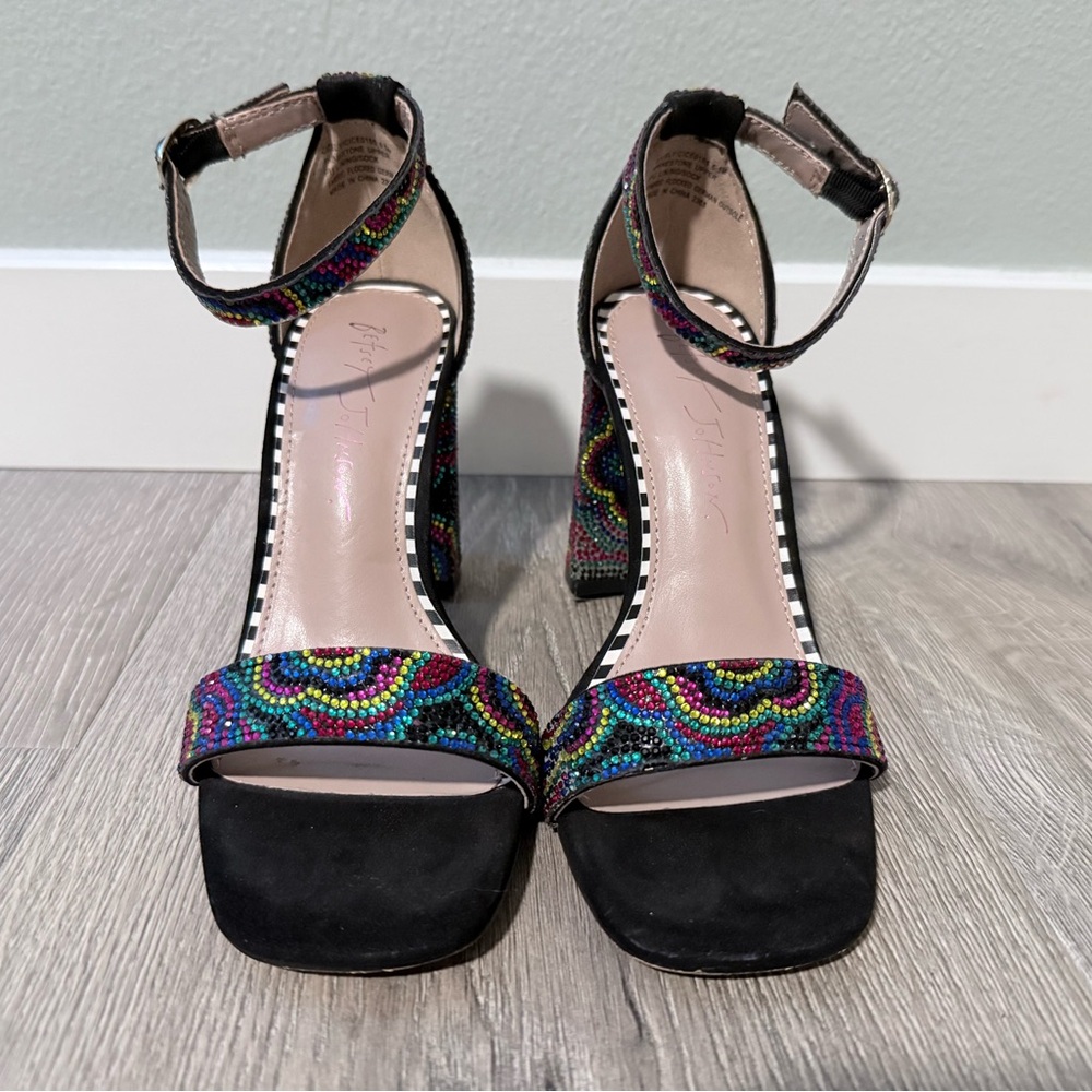 Betsey Johnson Multicolor Beaded Ankle Strap Block Heels - Picture 4 of 9